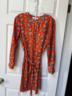 LOFT Orange Floral Tie-Waist Long Sleeve Dress